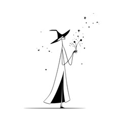 Minimalist witch illustration with magic spells and stars for halloween themed graphic design projects art prints and decor