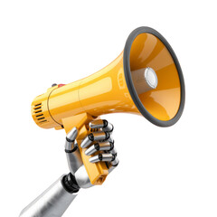 Robot hand holding a yellow megaphone on black artificial intelligence