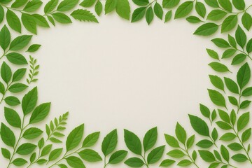 Fototapeta premium Green leaves creating a frame on light background