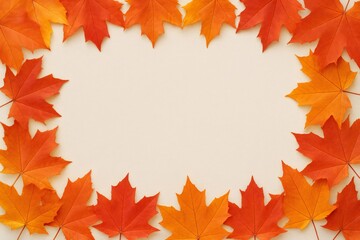 Colorful autumn maple leaves frame on beige background