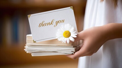 Thank You Card Held by a Student for a Teacher in a Classroom Setting With Flowers