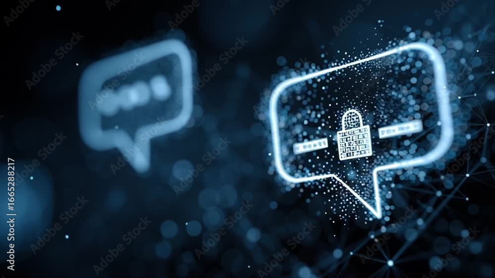 Poster glowing lock icon hovering over chat interface with digital effects and abstract background