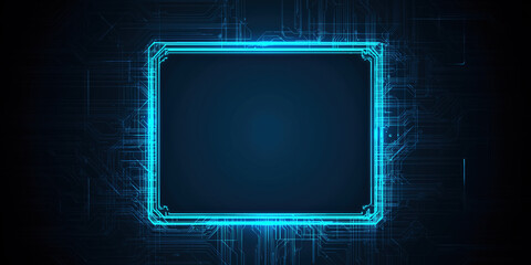 Abstract Futuristic Technology Background with Blue Neon Frame and Digital HUD Interface &ndash; Circuit Board Design and Cyber Tech Light Portal Vector Illustration