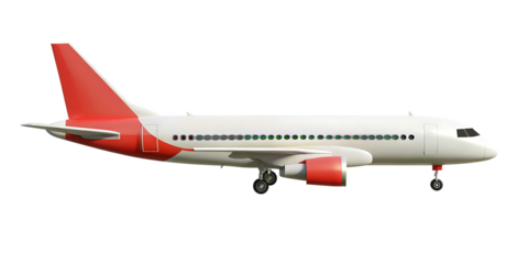 White airplane with red tail and engines isolated on a transparent background.PNG.AI GENERATED