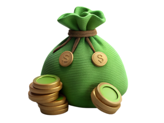 Green money bag with gold coins isolated on transparent background
