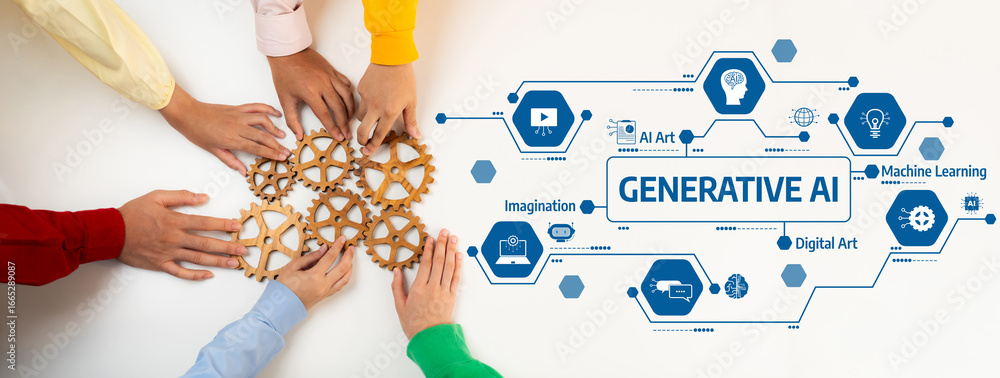 Poster collaborative hands working with gears to showcase generative ai concepts in digital art and machine