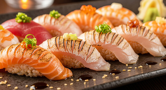 nigiri sushi with raw fish - Powered by Adobe
