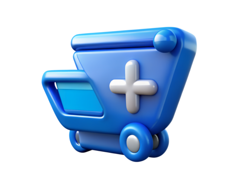 Blue medical ambulance vehicle with plus symbol isolated on transparent background