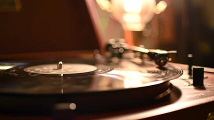 Vintage record player spinning a vinyl disc on a wooden surface with a warm light, concept for music production, nostalgic themes and vintage lifestyle