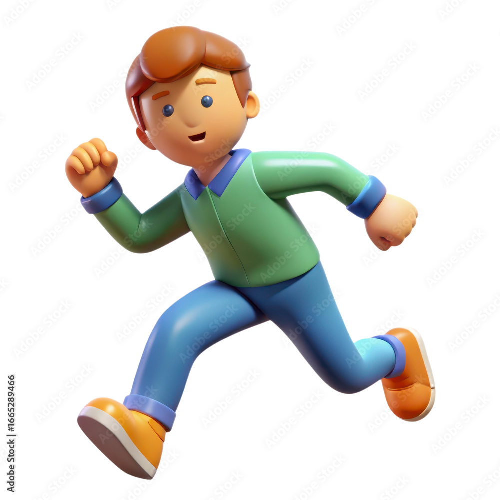 Poster animated 3d cartoon boy running with exaggerated features and energetic stride