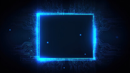 Abstract Futuristic Technology Background with Blue Neon Frame and Digital HUD Interface &ndash; Circuit Board Design and Cyber Tech Light Portal Vector Illustration