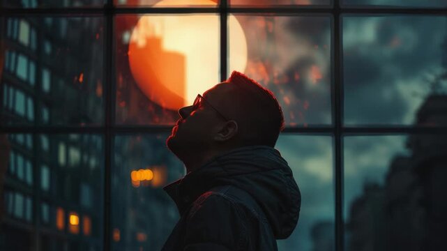 A person gazing up at the moon through a window, perhaps contemplating life's mysteries