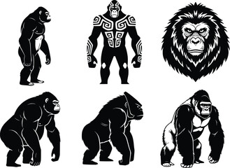 Fototapeta premium Collection of six distinct gorilla silhouettes featuring various poses and a detailed gorilla head design