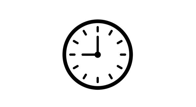 Simple black and white clock icon showing the time at 9 o’clock, representing time management, punctuality, scheduling, deadlines, timekeeping, organization, and planning in everyday life and professi