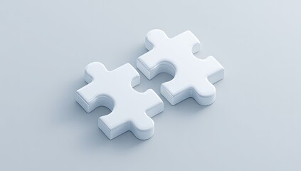 Obraz premium Two white puzzle pieces, slightly angled, joined at their interlocking edges, on a light gray background