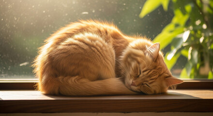 Sleeping ginger cat curled up in a sunny spot by a window