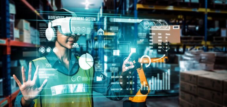 Future virtual reality technology for innovative VR warehouse management . Concept of smart technology for industrial revolution and automated logistic control . - Powered by Adobe