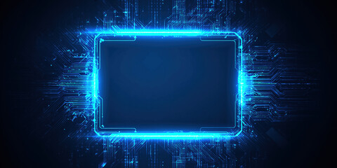 Abstract Futuristic Technology Background with Blue Neon Frame and Digital HUD Interface &ndash; Circuit Board Design and Cyber Tech Light Portal Vector Illustration