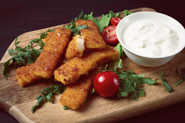 fried fish nuggets, with white sauce, arugula and cherry, no people,
