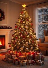 Christmas tree with gifts in a cozy room
