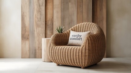 Inviting woven chair with comfy pillow in neutral tones exudes relaxation and peaceful earthy comfort vibes