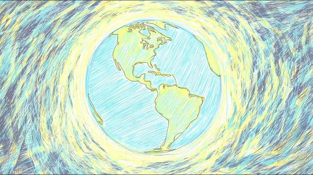 Handdrawn earth rotation in abstract style, seamless loop, 4k