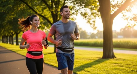 A couple run along a serene path, framed by lush green trees, embracing a shared moment of fitness and well-being under the warm glow of the sun.