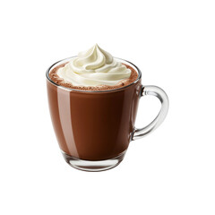 Hot chocolate with whipped cream topping in clear glass mug, isolated on white background for cozy drink design