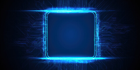 Abstract Futuristic Technology Background with Blue Neon Frame and Digital HUD Interface &ndash; Circuit Board Design and Cyber Tech Light Portal Vector Illustration