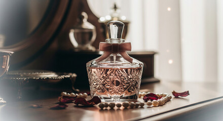 Vintage glass perfume bottle with an ornate stopper and dark red rose petals on a dresser.