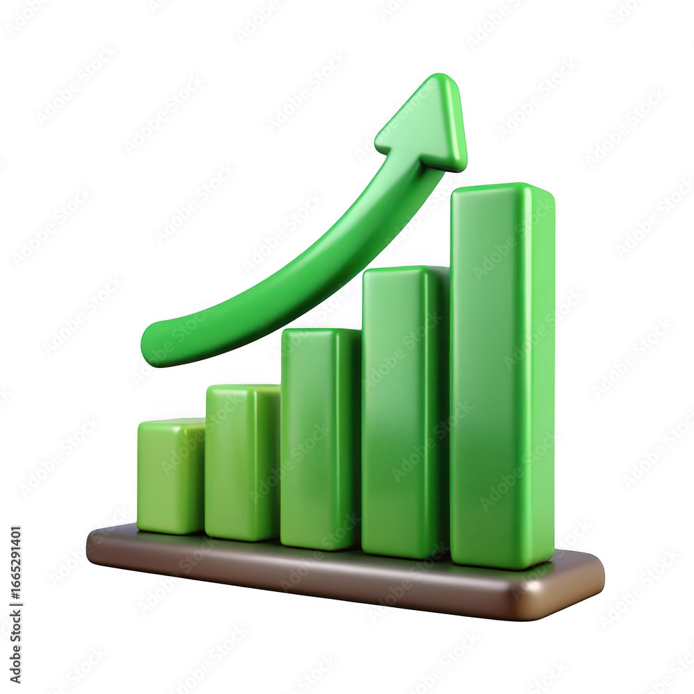 Poster 3d green bar chart with upward arrow isolated on transparent background