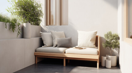 Naklejka premium Beige Living Room Decor | Sofa, Coffee Table & Rug PNG | Cozy Neutral Home Interior Illustration