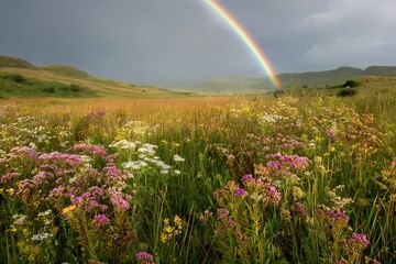 Colorful meadow flowers with rainbow sky pictures
