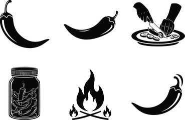 Obraz premium Collection of six silhouette icons featuring spicy chili peppers food preparation and fire elements for culinary themes