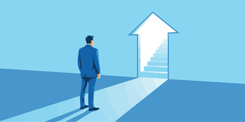 Obraz premium Stylized illustration of man in blue suit facing upward staircase into arrow-shaped doorway, symbolizing ambition, growth, and progress
