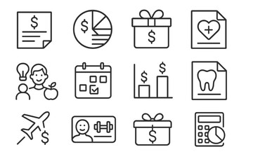 Fototapeta premium Compensation and Benefits Icons. Line style icons of compensation and benefits: pay slip icon, salary breakdown, bonus reward icon