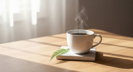 Fototapeta premium Steaming cup of coffee or tea sitting on a wooden coaster or surface in a bright, sunlit interior.