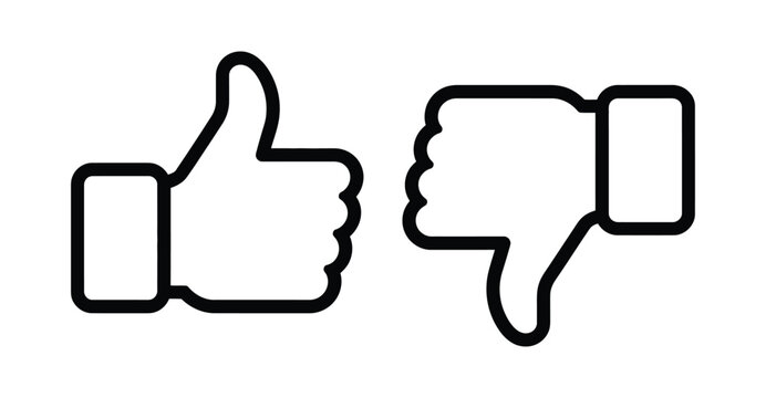  Black outline icons of thumbs up and thumbs down on white background, symbolizing approval, disapproval, feedback, and opinion