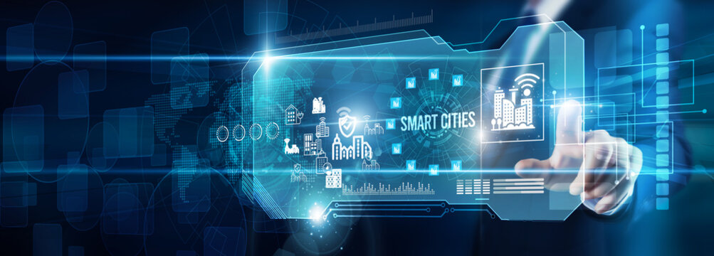Urban planners' hand touching smart cities' infrastructure data networks systems, connectivity automation mobility governance sustainability energy monitoring innovation technology analytics.