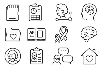 Senior Health Icons. Line style icons of senior mental health: memory card icon, daily routine chart, support network icon,