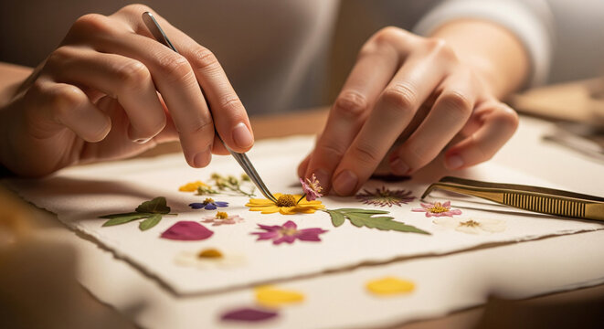 Close-up of hands making pressed flower art or delicate botanical craft