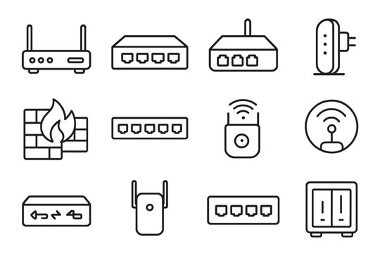 Networking Device Icons. Line style icons of networking devices: router icon, network switch box, hub icon, modem device, firewall