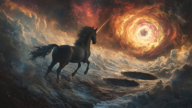 Cosmic unicorn standing at the edge of a wormhole, preparing to leap into another dimension of time and space &mdash;ar 16:9 