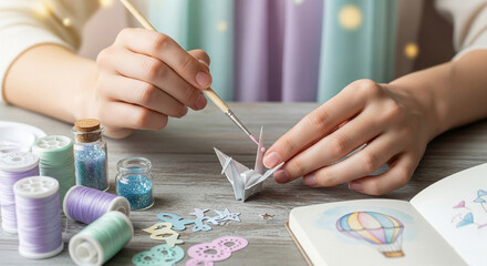Close-up of hands applying glitter or paint detail to a small paper craft object