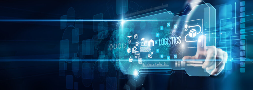 The manager's hand is touching logistics transportation data inventory tracking, supply chain warehousing distribution optimization coordination efficiency growth, and intelligent delivery network.