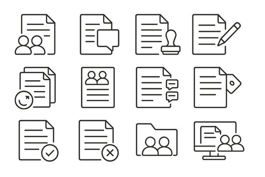 File Collaboration Icons. Line style icons of file collaboration: co-edit document icon, comment on file icon, file approval stamp