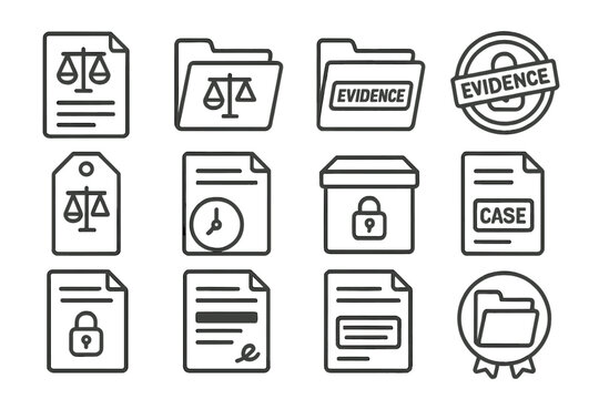 Legal File Icons. Line style icons of legal file storage: legal document icon, case file folder, evidence folder icon,