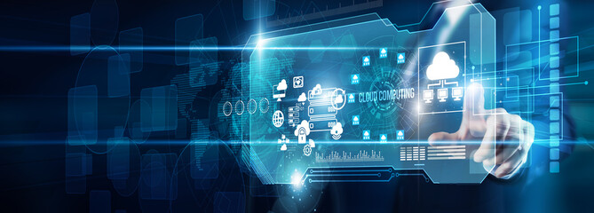 Consultant hand touching cloud computing virtualization data storage networking, scalability...
