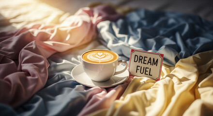 Cozy morning coffee latte cup with a 'Dream Fuel' note and soft sunlight