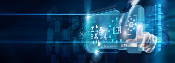 Investor hand touching decentralized finance blockchain data cryptocurrency smart contracts, tokenization peer-to-peer integration innovation, and digital economy transformation growth.